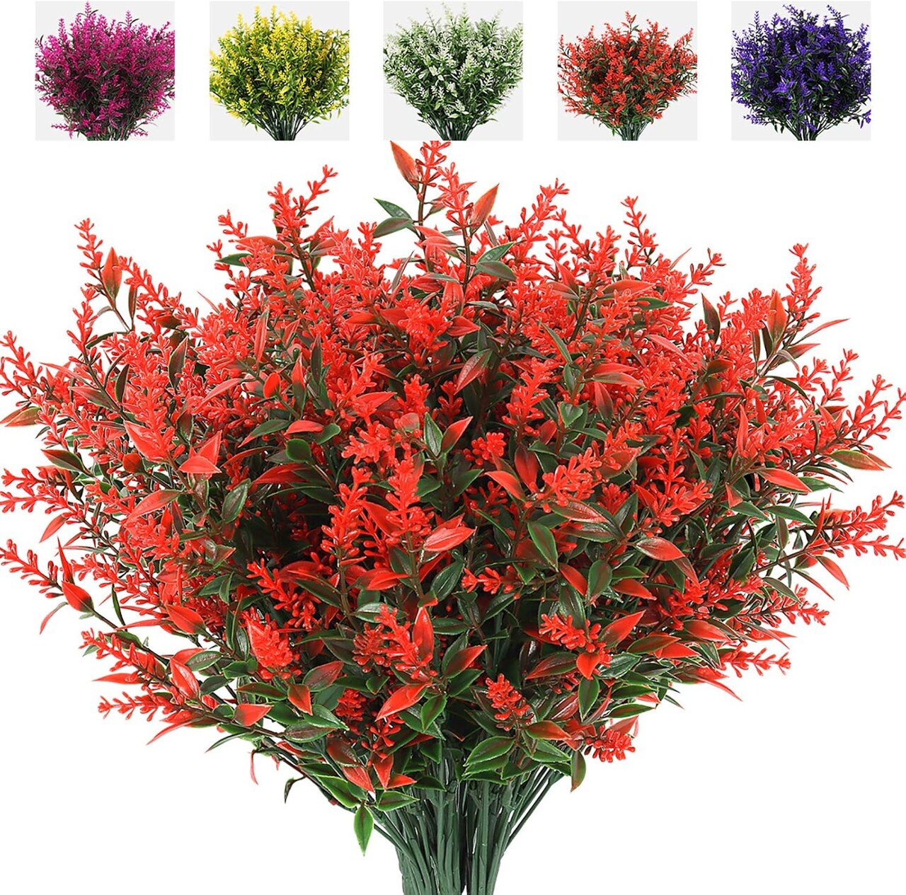Artificial Lavender Flowers Plants 8 Bundles UV Resistant Faux Outdoor Plastic Greenery Shrubs Plants Hanging Planter Kitchen Home Wedding Office Garden Decor (Orange Red)